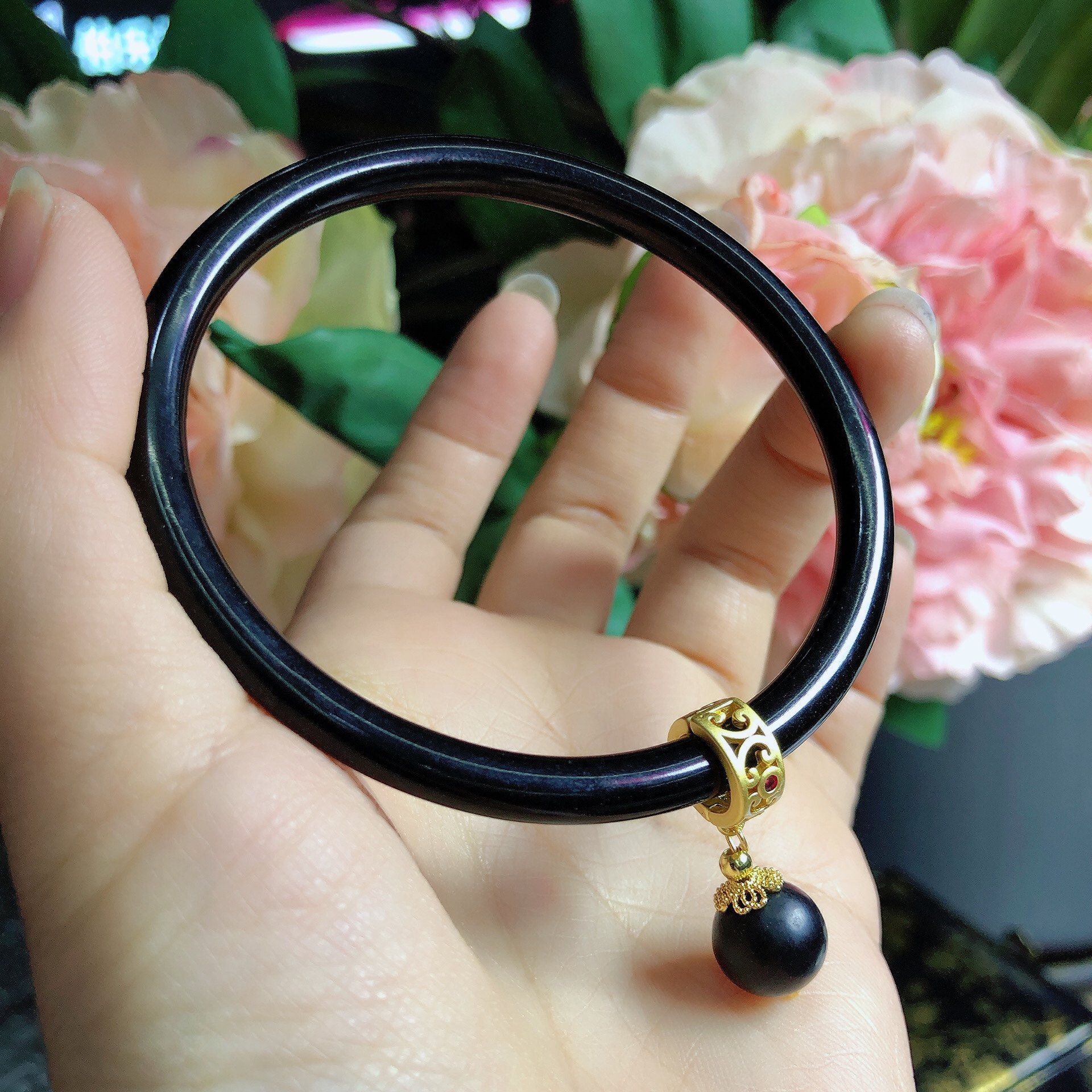 泓石斋 天然和田玉墨玉圆条叮当手镯新疆玉镯黑羊脂高端流行大气