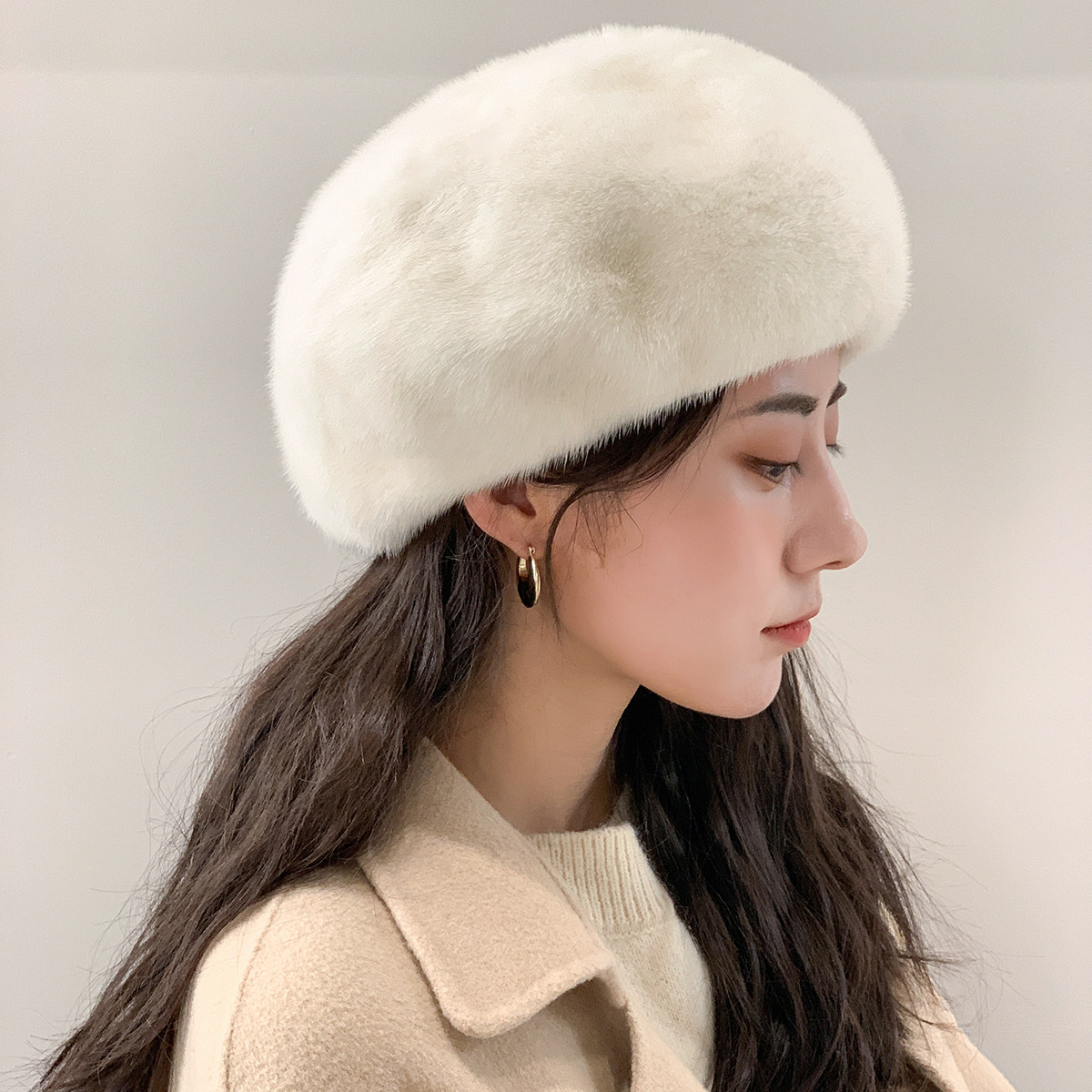 19新款冬季保暖水貂帽女士整貂皮草帽子优雅护耳贝雷帽皮草帽高档
