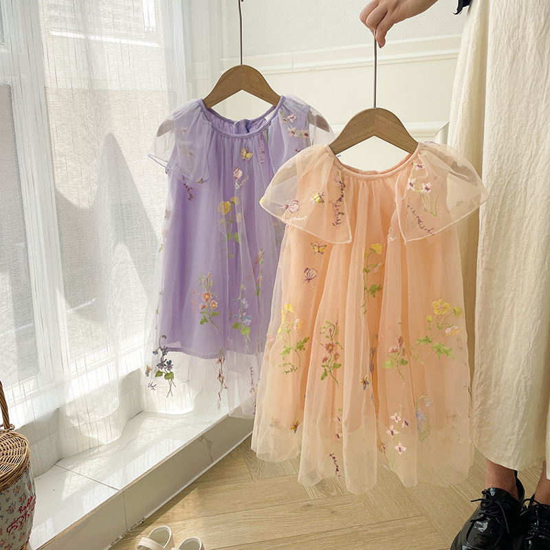 夏季韩版背心高端洋气刺绣花朵娃娃领网纱蓬蓬公主中小女童连衣裙