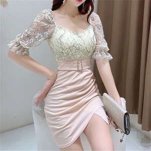 V-neck Slim Dress Lace Splice Hip Wrap Dress