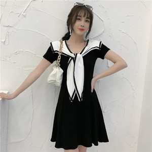 Real shooting of new slim， slim and age reducing college Style Short Navy collar dress