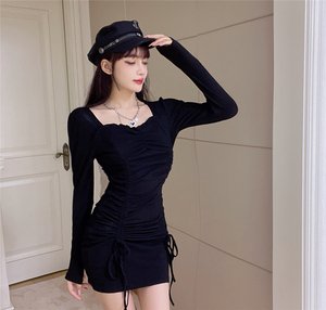 Real shooting pure cotton slim Hong Kong Style thin careful machine square collar drawstring Hip Wrap Dress