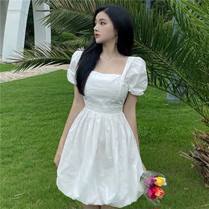 Real shooting new sweet square collar slim slim aging bubble sleeve bud dress with chain