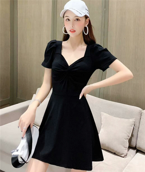 Black open back short sleeve cotton V-neck dress new little black skirt