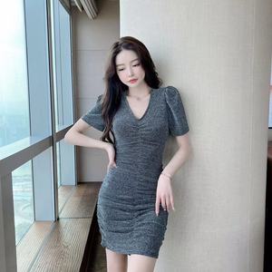 V-shaped short skirt sexy pleated hips slim shiny dress