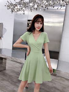 Real shooting new dress children's V-neck spring dress small French short sleeve temperament skirt