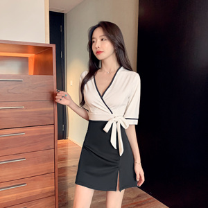 Deep v short sleeve tight dress nightclub uniform