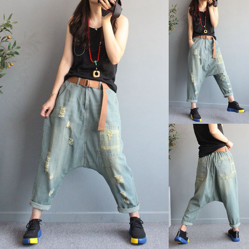 街头个性磨破牛仔吊裆裤女2020秋季新款宽松大码时尚潮流显瘦垮裤