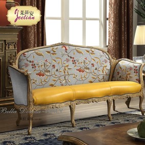 印尼进口欧式法美式桃花芯木全实木黄色真皮布艺沙发组合奢华复古