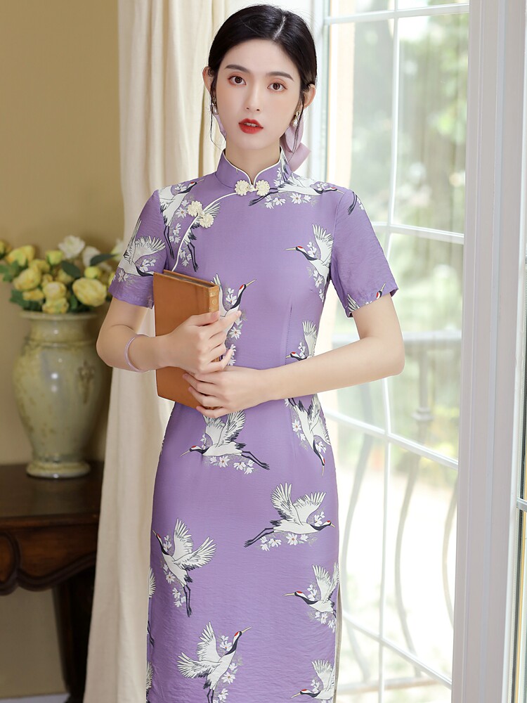 紫色旗袍2022年新款年轻短袖紫罗兰小个子改良夏天民国风大码仙鹤
