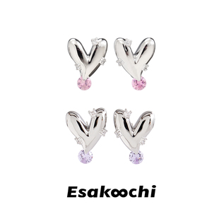 Esakoochi银色爱心粉钻耳钉桃心甜酷小众设计耳环