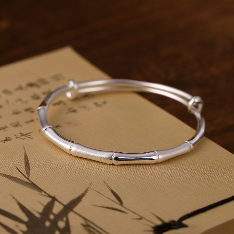 s999足银复古民族风亮面磨砂个性竹节气质女士推拉纯银实心手镯环