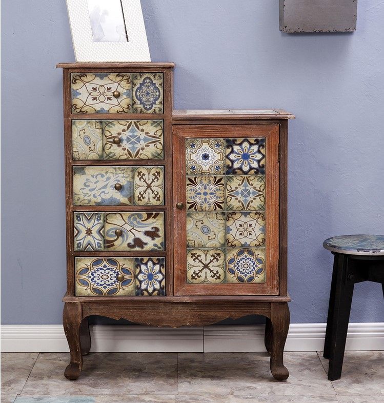 美式乡村复古装饰家具仿古实木花纹带门抽屉储物收纳柜装饰五斗柜