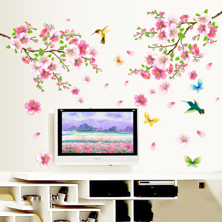温馨粉色桃花客厅沙发墙卧室影视背景墙贴纸家居装饰可移除壁贴画