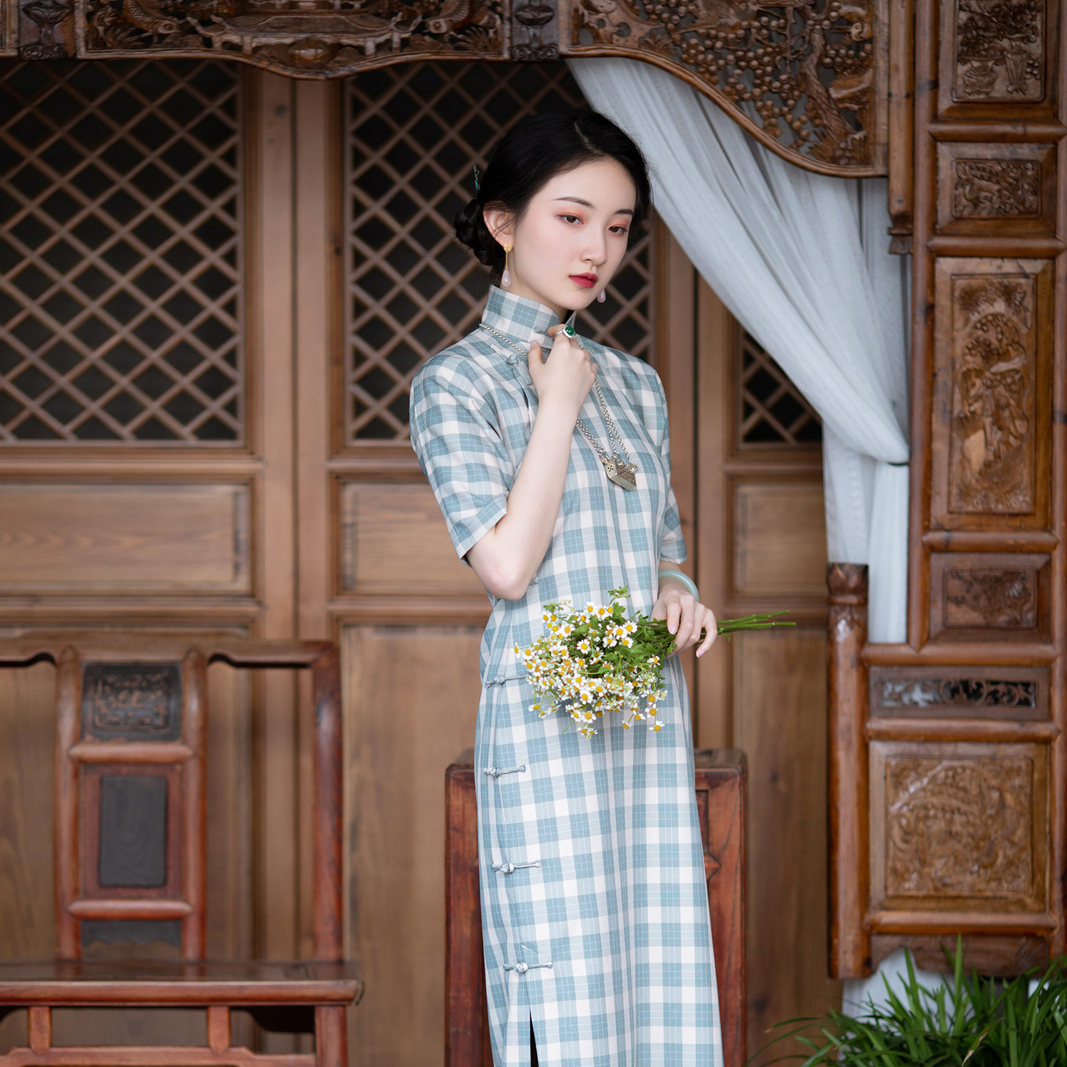 白玉颜丨春夏新款民国风复古文艺格子年轻款少女休闲旗袍长款修身
