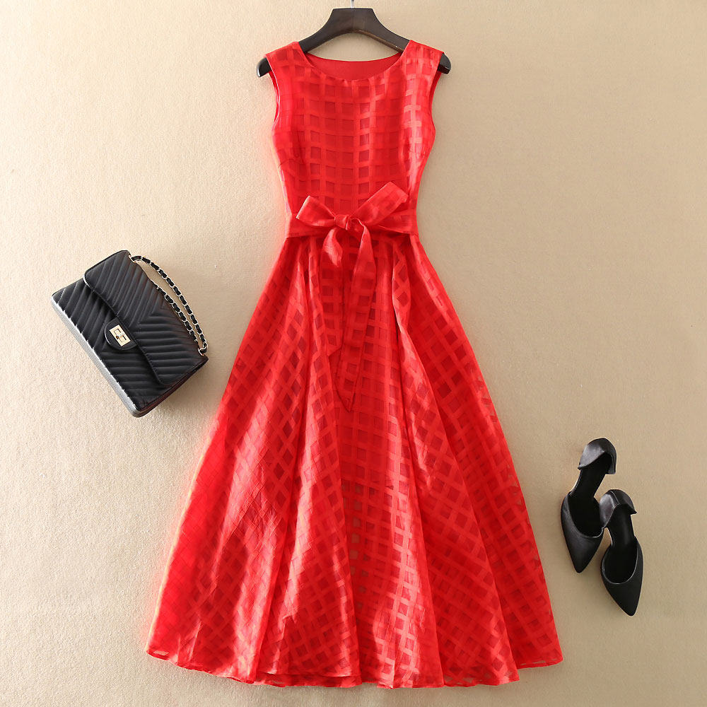 欧美时尚高端女装欧根纱大摆礼服长裙红色连衣裙无袖2021春夏新款