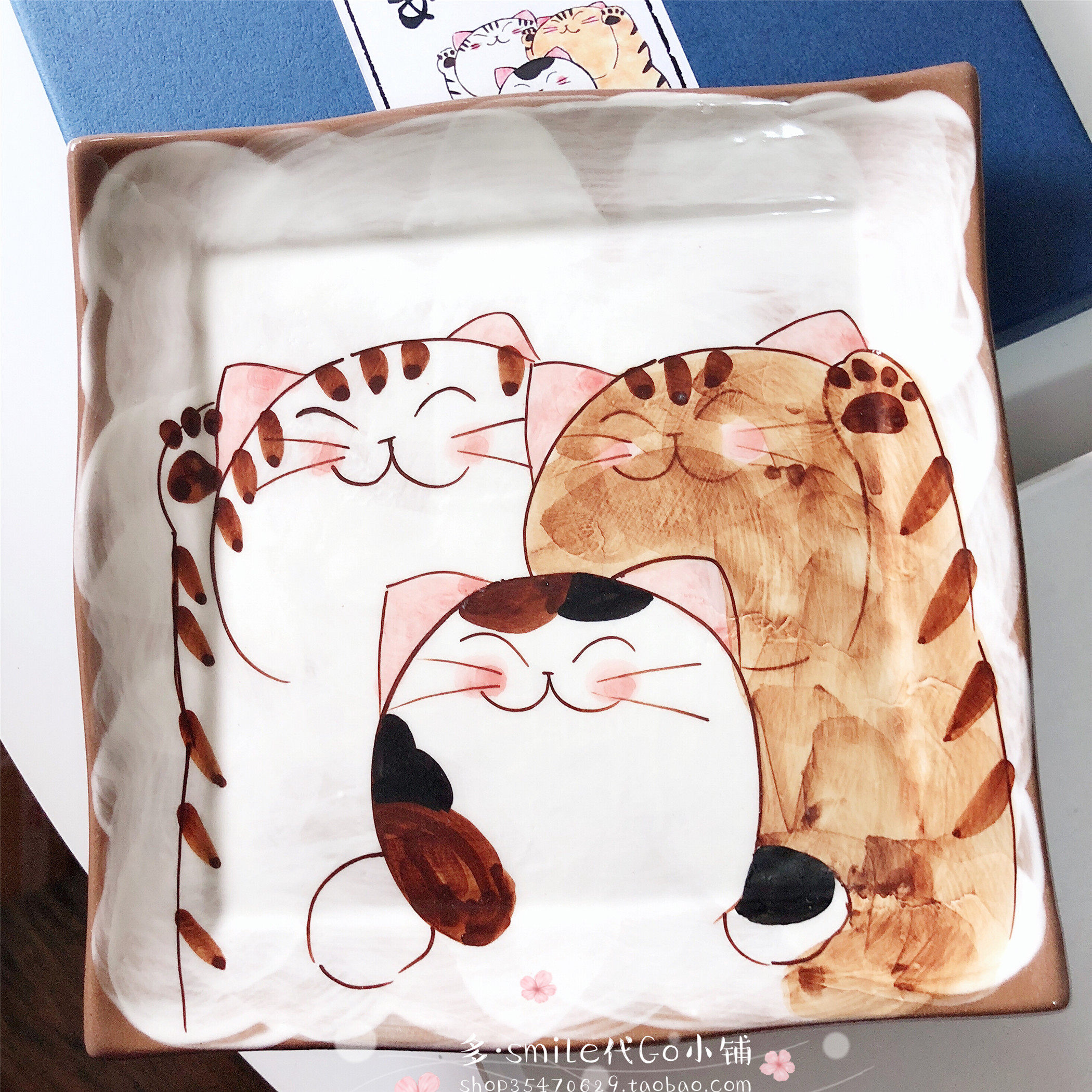 现货日本有田烧菊祥窑陶瓷可爱三只猫咪手绘方形餐碟盘子