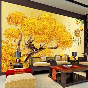 新中式源滚滚发财树3d立体客厅沙发电视背景墙壁纸酒店壁画定制