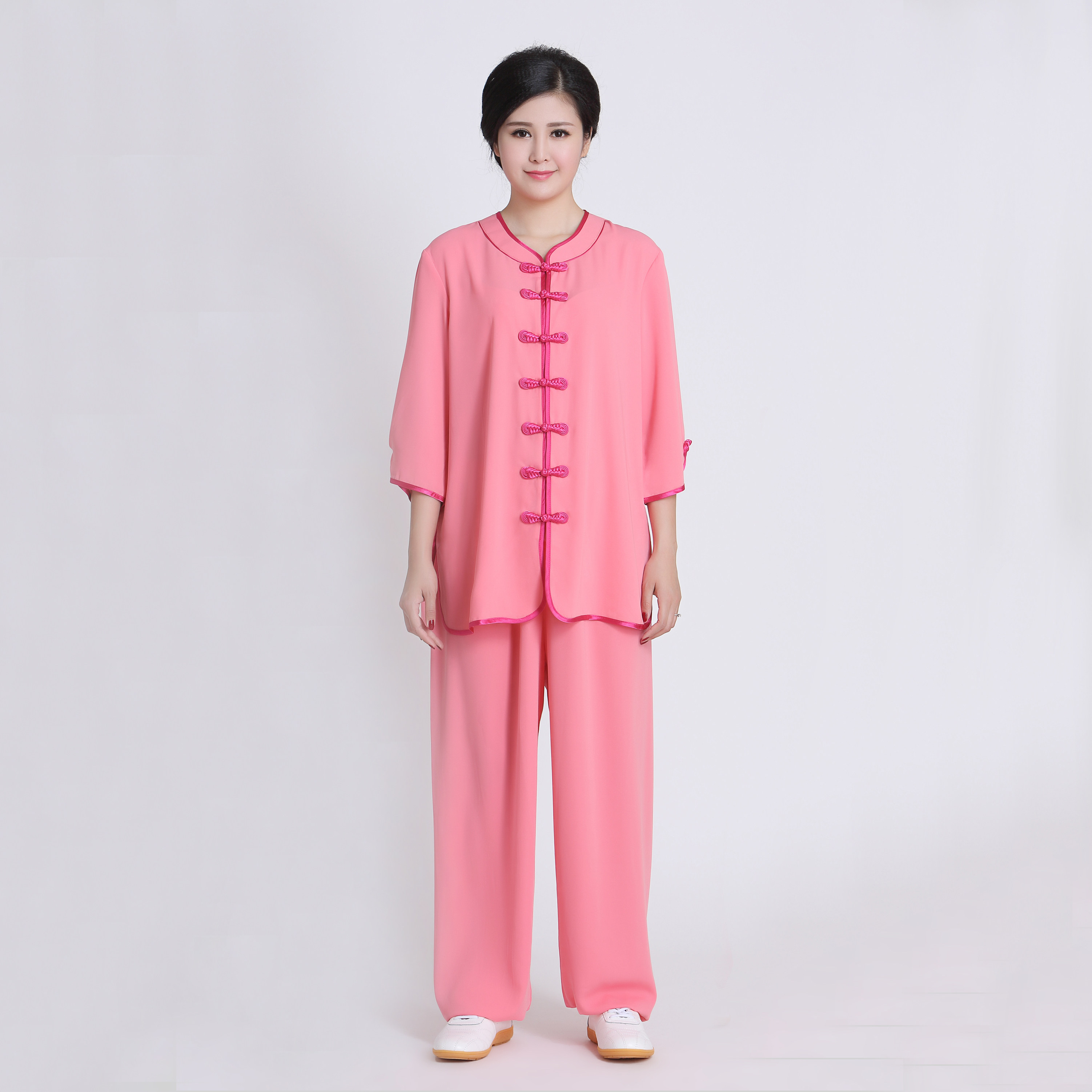 高档夏季棉加丝半袖练功服表演服女款七分短袖太极服白色蓝夕阳红