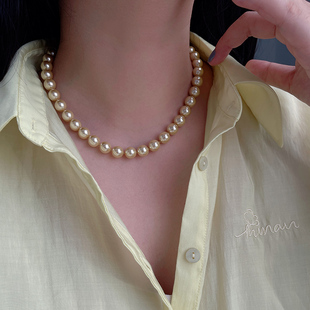 S925纯银明星同款法式打结淡金色强光珍珠项链轻奢小众高级感颈链