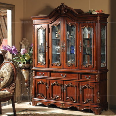 美式四门酒柜实木雕花玻璃展示柜欧式古典储物柜碗碟角柜
