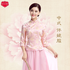 中式婚礼伴娘服装敬酒服伴娘礼服七分袖长款旗袍粉色复古春夏5529