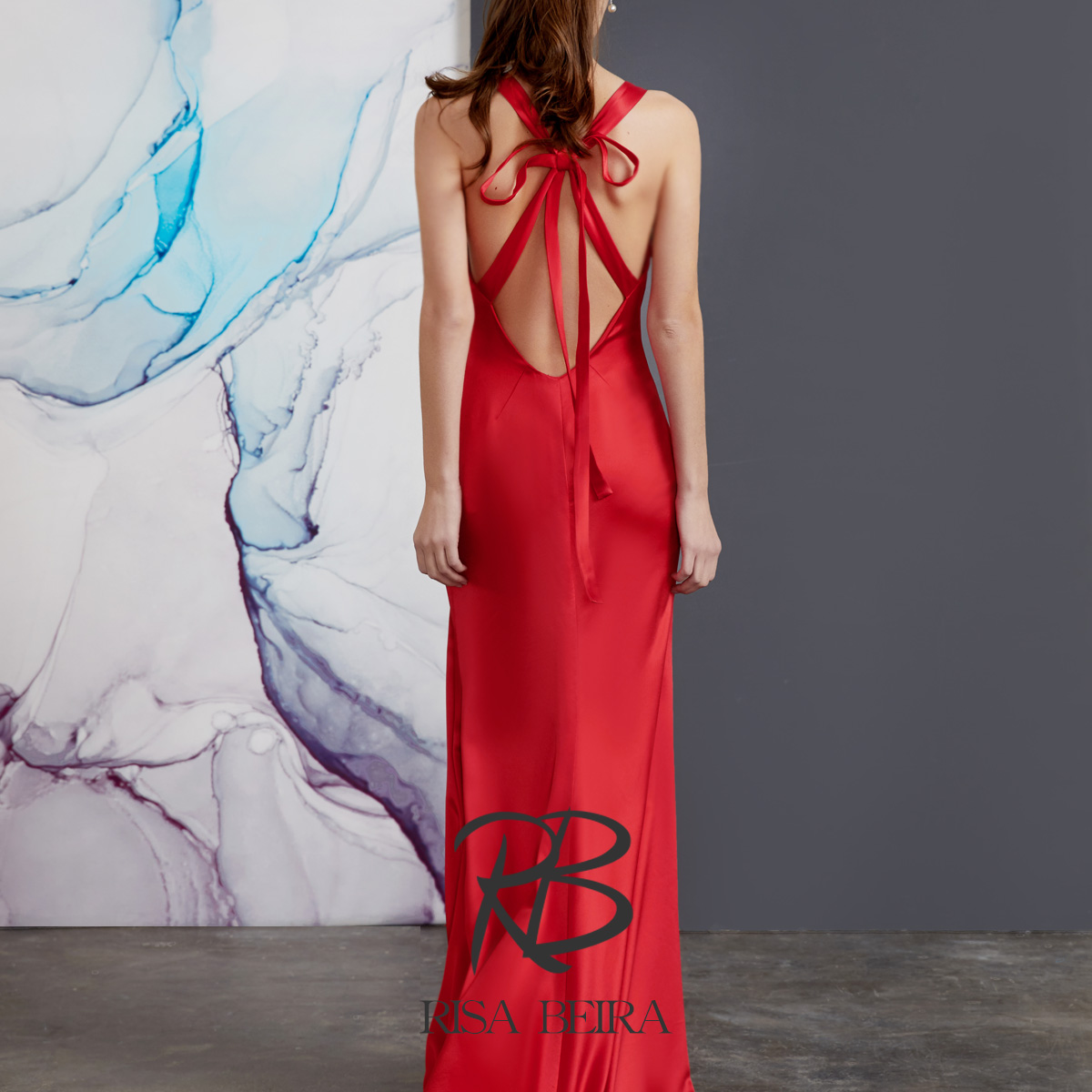 RISA原创高端定制《丝妤》2023设计师新品红色缎面丝带露背晚礼服