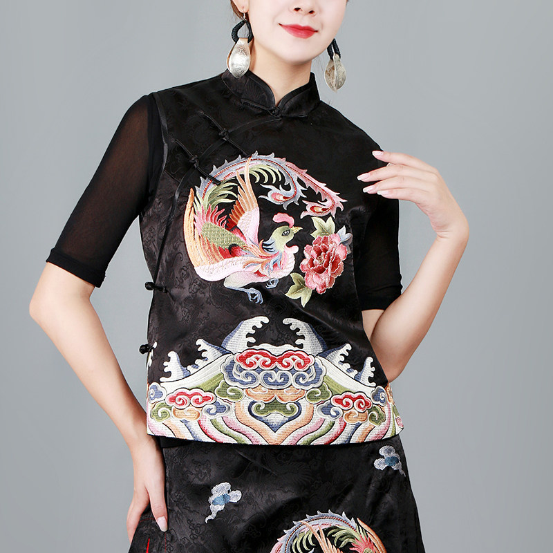 熹蝶中国民族风女装织锦缎面盘扣刺绣凤凰复古中式短款绣花马甲女