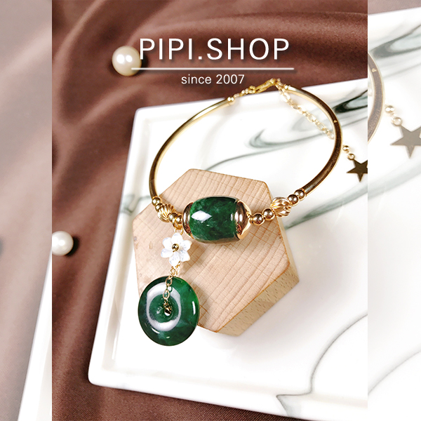 pipishop 14k包金天然满色辣绿翡翠转运桶珠花青平安