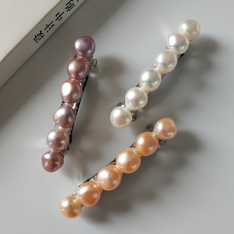 天然淡水珍珠发夹卡子多色真珍珠弹簧夹手工绕线发卡顶夹刘海边夹