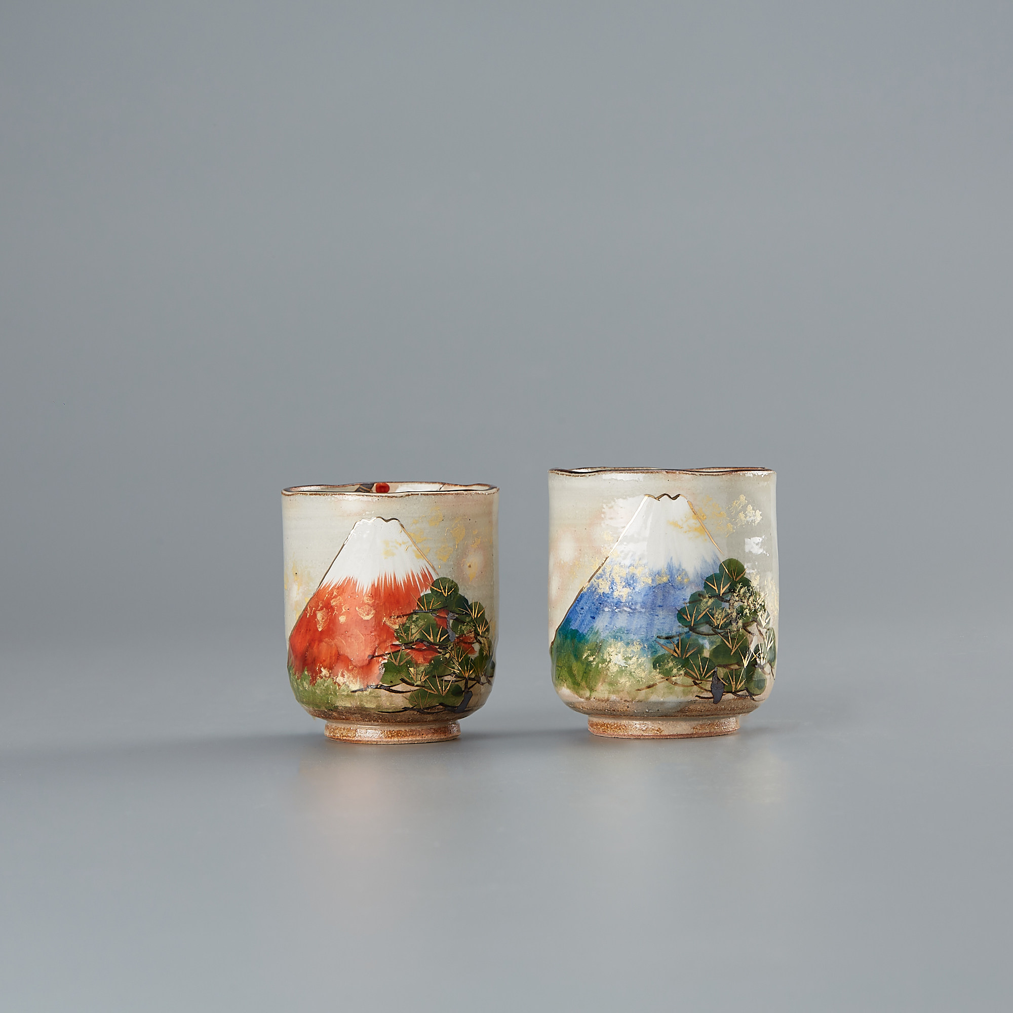 日本进口 京烧清水烧作家森俊山手作手绘吉祥富士图对杯 日式茶杯