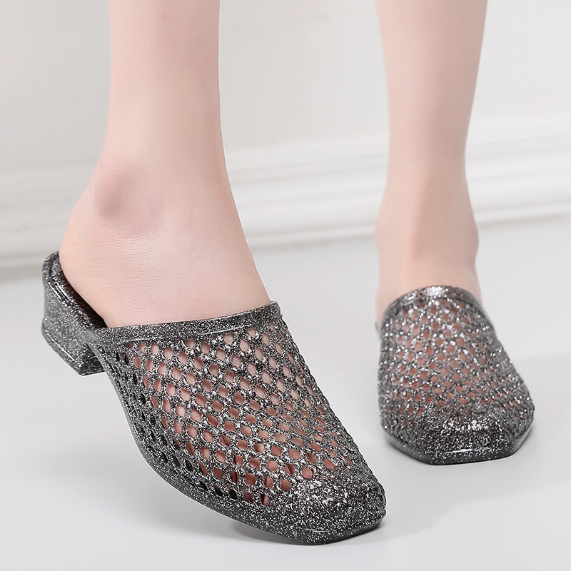夏季镂空水晶凉拖鞋女透明塑料家用防滑防臭脚纯色休闲中跟包头拖
