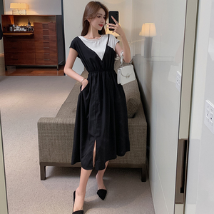 网红夏季显瘦气质法式简约圆领假两件雪纺连衣裙,女装连衣裙,唯尚服饰