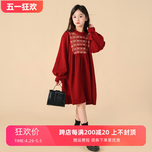 女童针织连衣裙冬季新款洋气儿童甜美灯笼袖毛衣裙新年红色公主裙