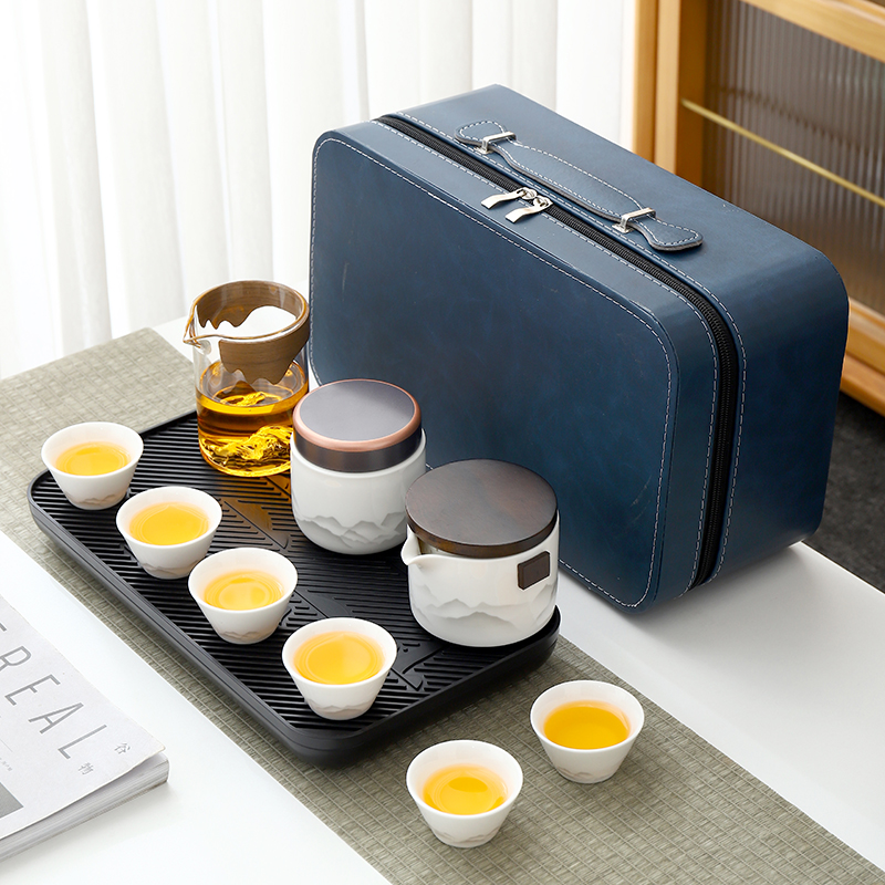 白瓷旅行功夫茶具套装家用办公泡茶壶陶瓷茶杯户外旅游便携式茶盘