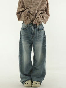 韩国代购23S/S cat brushed wide jean (unisex)做旧宽松牛仔裤女