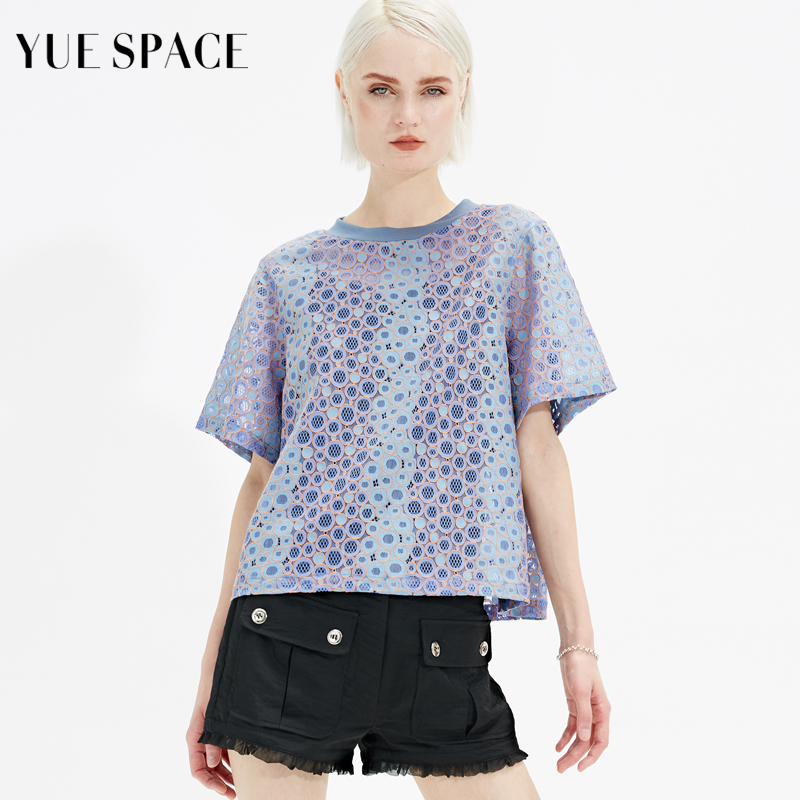 YUESPACE夏季女士蕾丝衫印花镂空短款t恤圆领短袖休闲百搭小衫