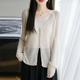 V领莱赛尔天丝亚麻针织长袖开衫女超薄上衣宽松微透空调防晒外套