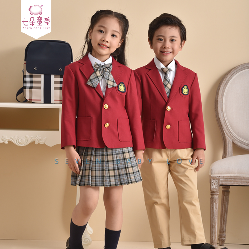 定制中小学生校服班服礼服幼儿园园服七朵秋冬酒红色小西装三件套