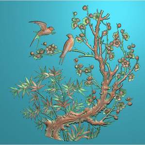 圆竹梅报喜精雕图梅花鸟竹子挂件门板木雕石雕装饰画浮雕图153