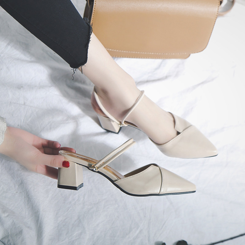 凉拖鞋女夏2018新款韩版时尚百搭尖头粗跟拖鞋女外穿中跟鞋两穿鞋