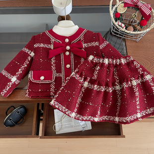 女童小香风红色新年套装裙冬季洋气小女孩加绒外套儿童呢子两件套