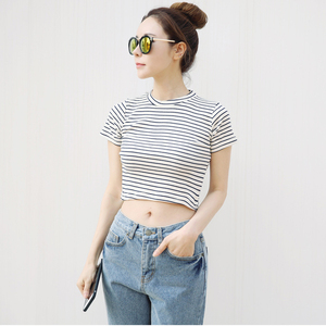 黑白条纹露脐上衣短袖t恤女夏 纯棉高腰紧身短款漏脐短装露肚脐装