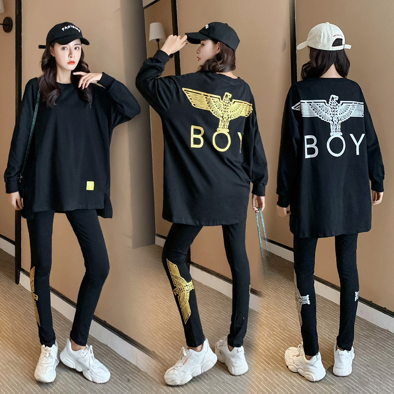 欧洲站2018秋冬boy印花烫金大老鹰翅膀长袖中长款t宽松套装 女