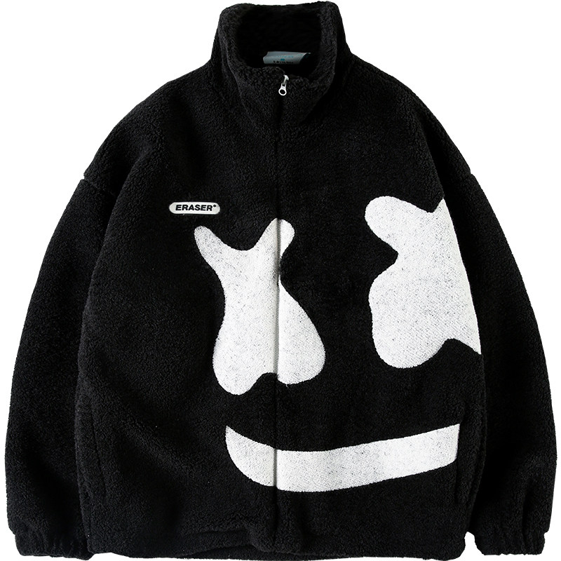 er笑脸大logo羊羔毛绒外套男2020春秋新款情侣装国潮立领棉衣卫衣