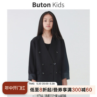 Buton Kids自制女童双排扣西装外套秋季无领深 v 设计感黑色西服