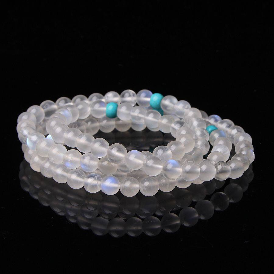精选顶级冰种体月光石多圈手链6.5mm 最好的白体蓝光 43.22克