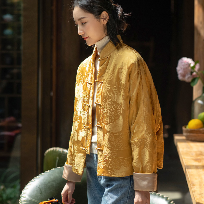 菲伊唐真丝提花冬棉衣立领女上衣夹棉外套女新中式复古改良唐装女