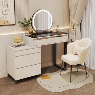 奶油风实木梳妆台卧室床尾现代简约收纳柜转角斗柜伸缩一体化妆桌