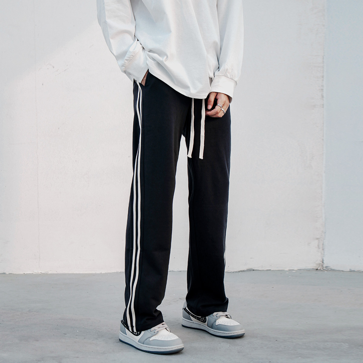 潮woo专属ultimategoal条纹拼色直筒运动裤撞色抽绳休闲卫裤男